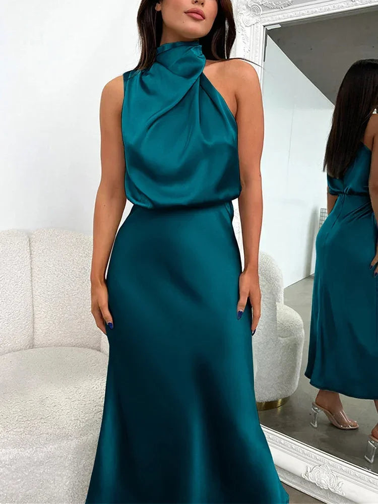 Vestido de cetim de seda feminino Trompete, Ombro Fora, Longo, Elegante, Luxo, Celebridade, Noite, Party Wear, Lady, Verão