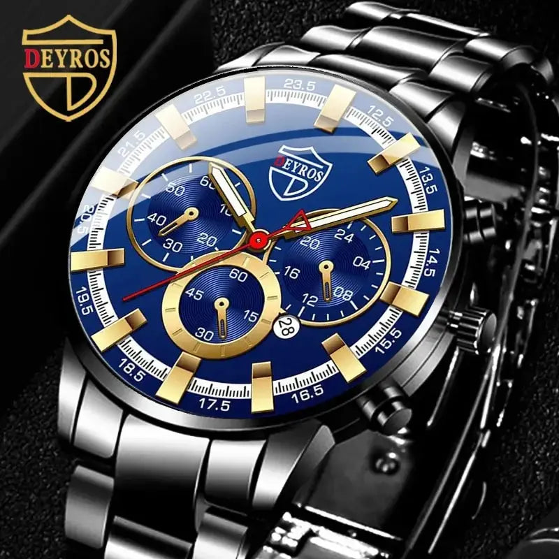 Relógio de pulso quartzo de aço inoxidável masculino, Relógios de negócios, Calendário, Data, Casual, Esportes, Relógio luminoso, Moda Masculina
