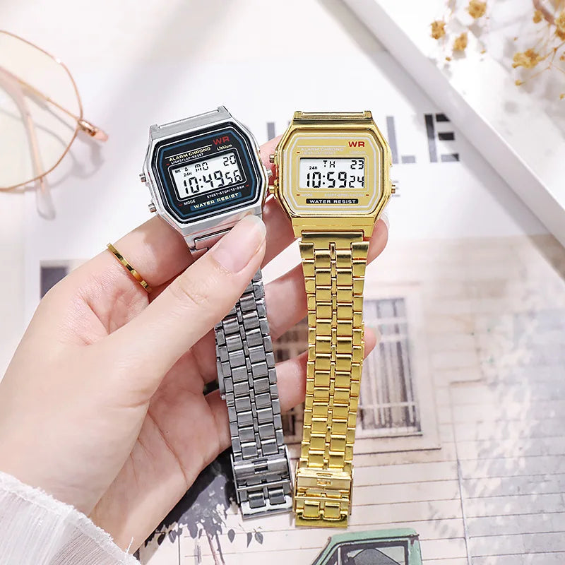 Relógios com display digital ouro rosa para homens e mulheres, relógio eletrônico, estilo retro, luxo