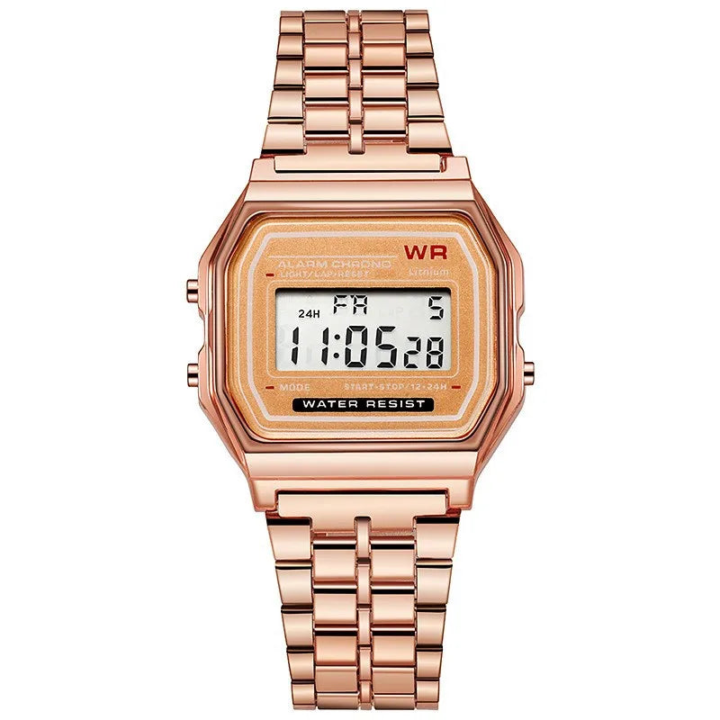 Relógios com display digital ouro rosa para homens e mulheres, relógio eletrônico, estilo retro, luxo