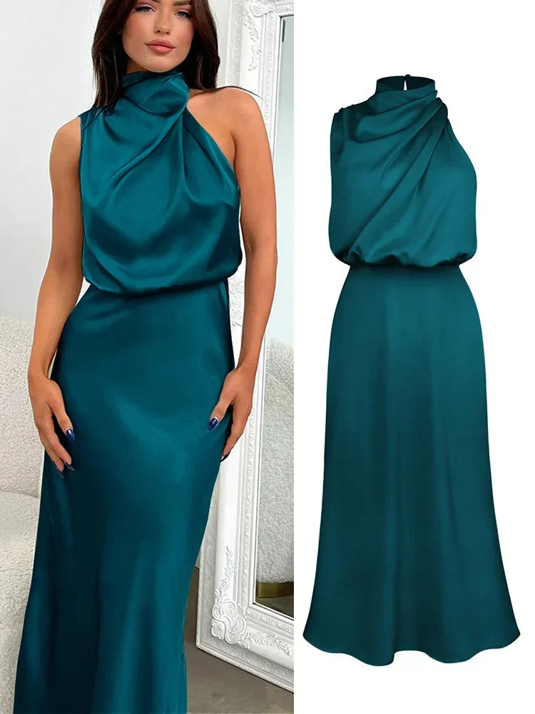 Vestido de cetim de seda feminino Trompete, Ombro Fora, Longo, Elegante, Luxo, Celebridade, Noite, Party Wear, Lady, Verão